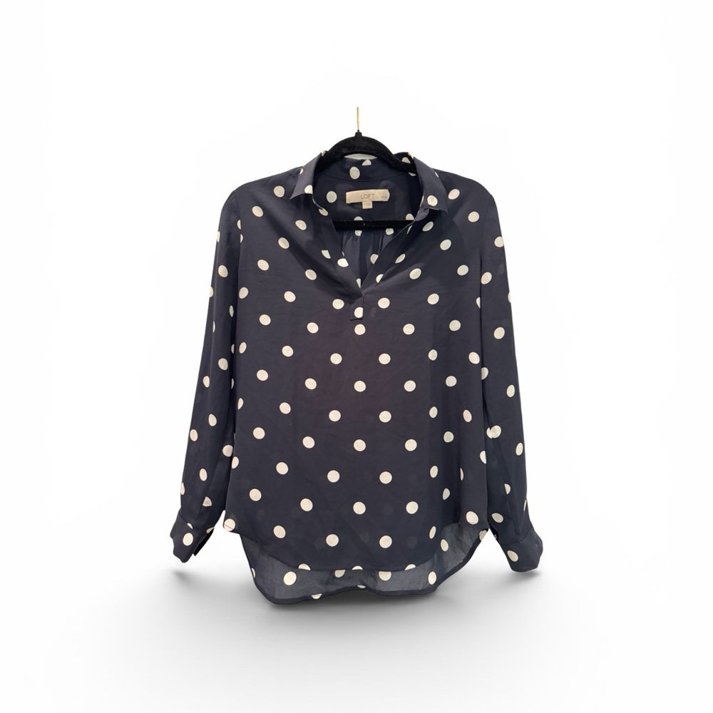 LOFT Navy Blue Polka Dot Long Sleeve Blouse